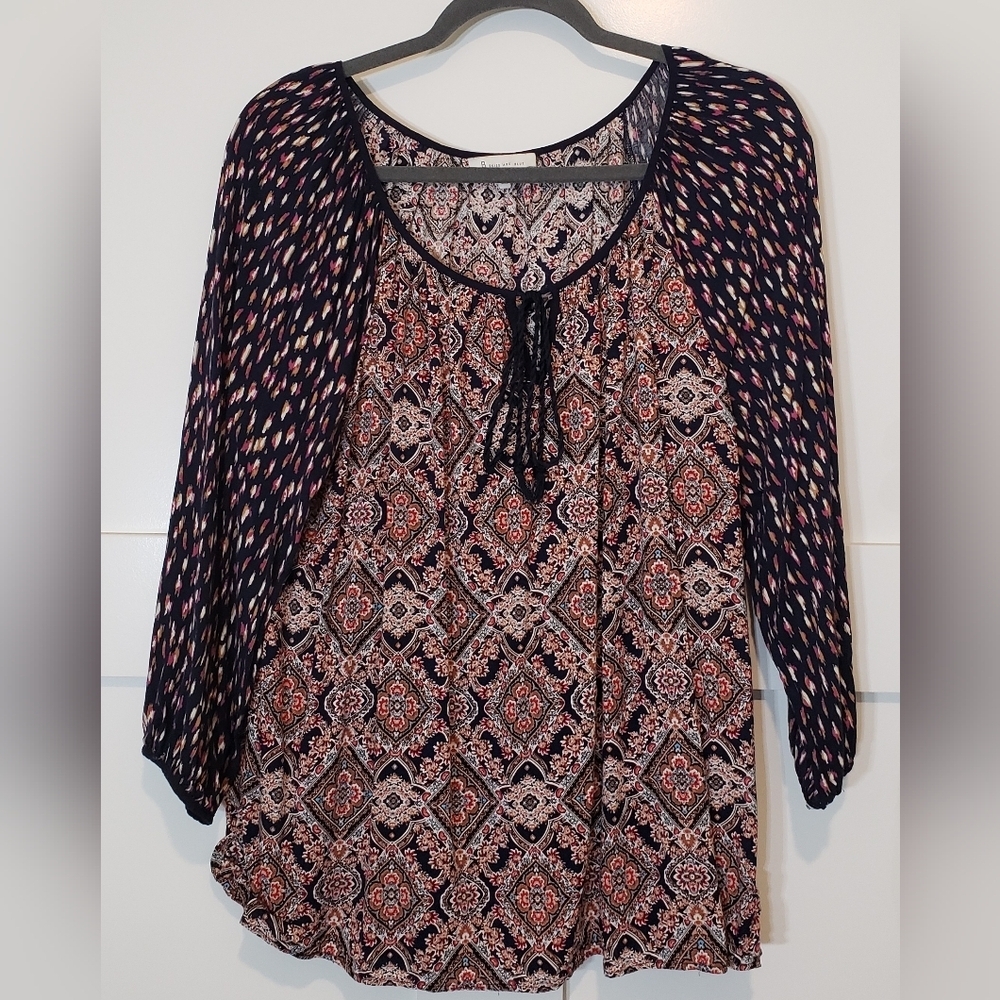 Skies Are Blue Women's Blouse Size 2X Boho Scoop Neck Tie Multicolored Floral